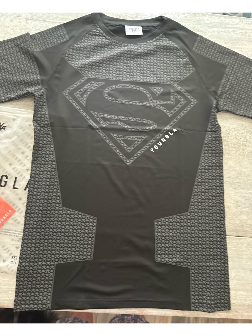 YoungLA Black Superman Graphic Short Sleeve Compression Shirt